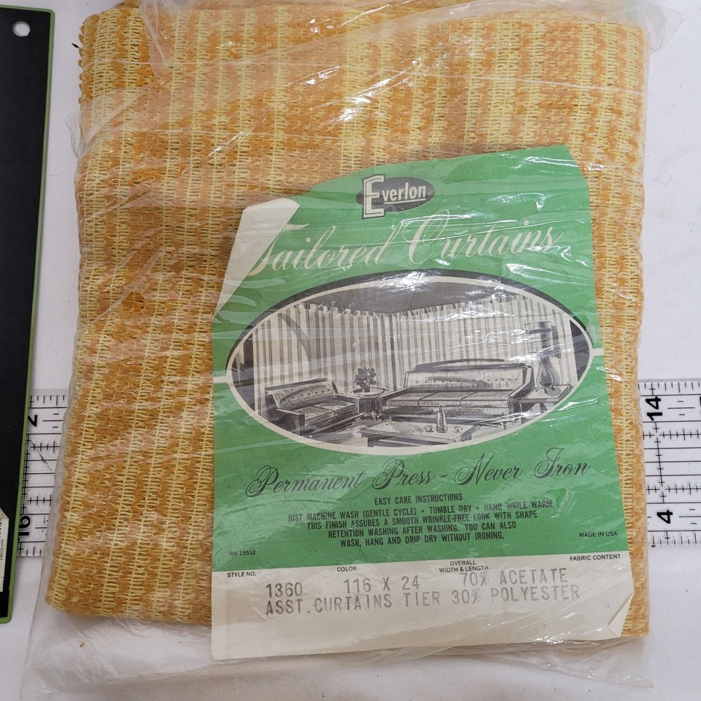 Vintage Everlon Tailored Curtains Tier 116x24 Yellow Orange Textured Retro 1360